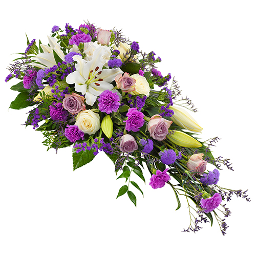 Rouwarrangement lila-paars wit